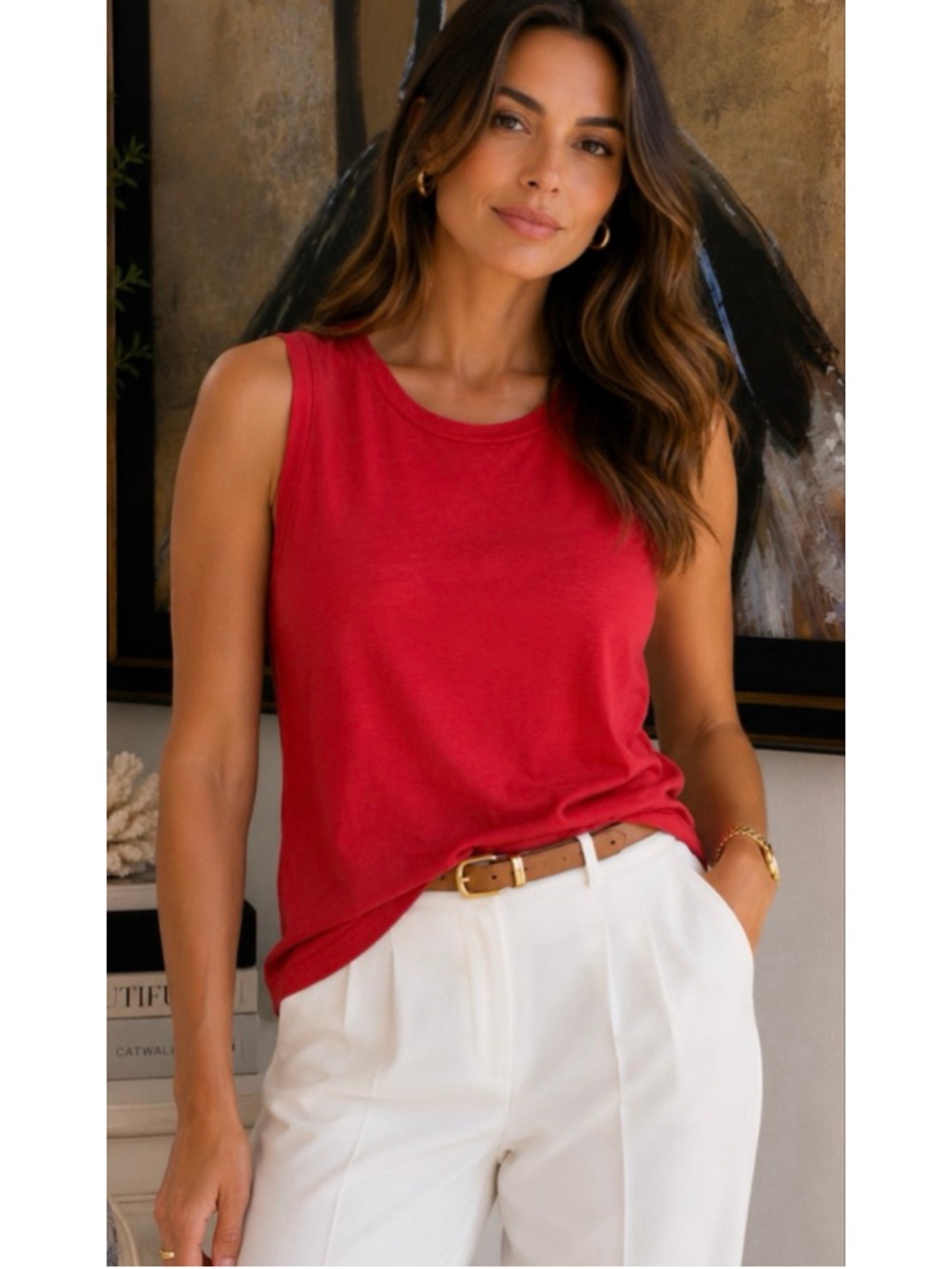 New BROCHU WALKER Red Linen Blend Sleeveless Tank Top XS